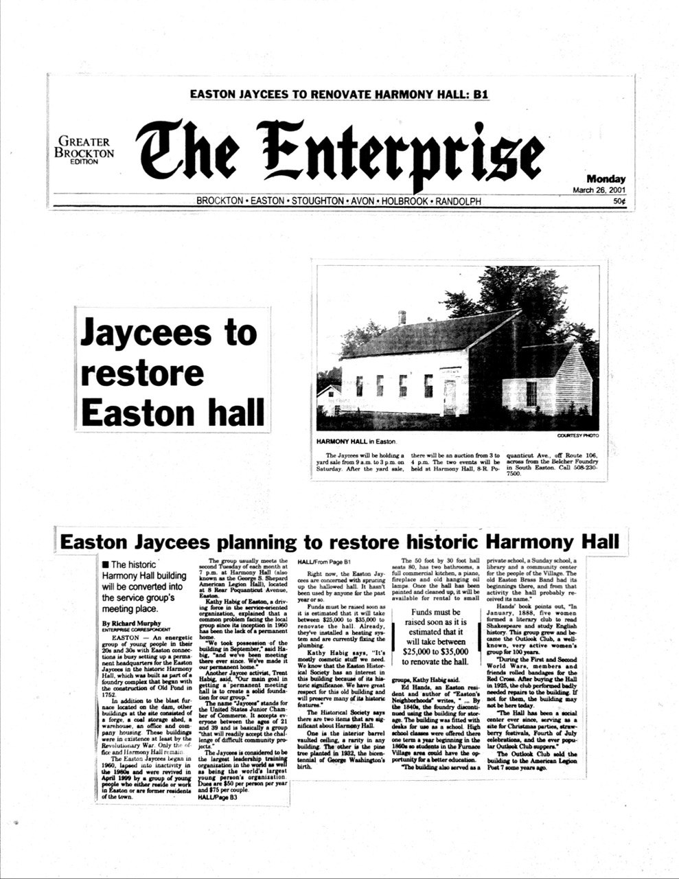 Brockton Enterprise newspaper article from March 26, 2001: Easton Jaycees planning to restore historic Harmony Hall